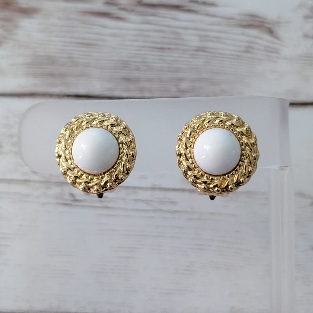 Vintage Clip On Earrings Stylish & Elegant White with Fancy Gold Tone Halo